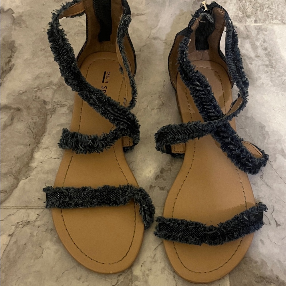 Soda Denim and Tan Strappy Sandals - Picture 2 of 16